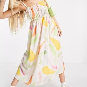 ASOS shirred detail strappy midi sundress in smudge print